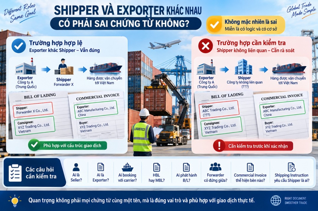 Shipper và Exporter khác nhau có phải sai chứng từ không?