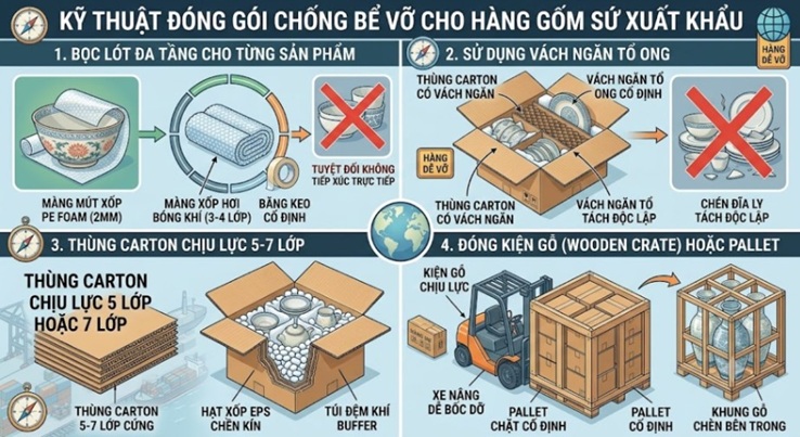 Kỹ thuật đóng gói chống bể vỡ cho hàng gốm sứ xuất khẩu